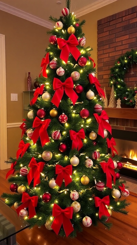 A Christmas tree decorated with red bows and ornaments, glowing with lights in a cozy living room.
